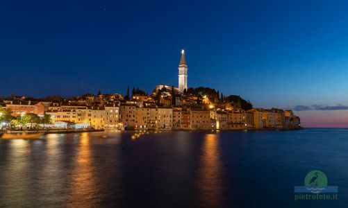 Skyline of Rovinj on the sea at the blue hours